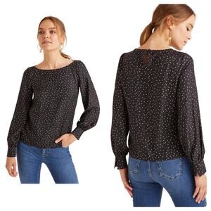 Boden Dark Gray Blouse - Pale Pink Polka Dot, Viscose/Silk Long-Sleeve, Size 16